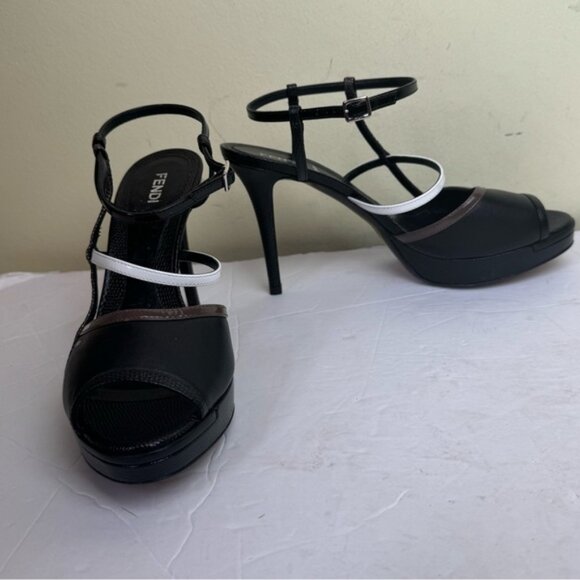 Fendi NEW Leather Logo Open Toe Strappy Platform Stiletto Heels Shoes Sandals 7 - Picture 14 of 16
